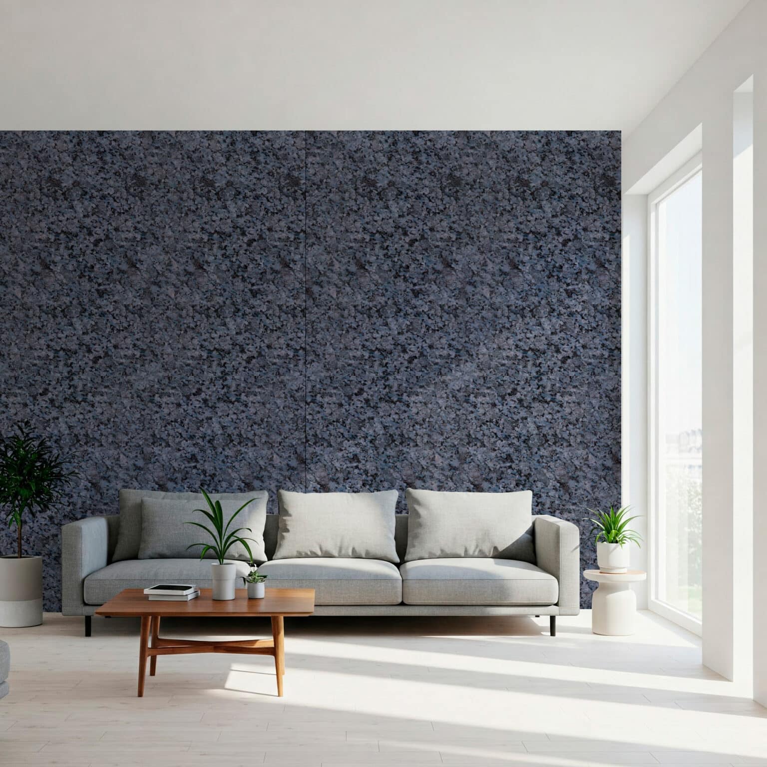 sala pared lamina granito blue pearl